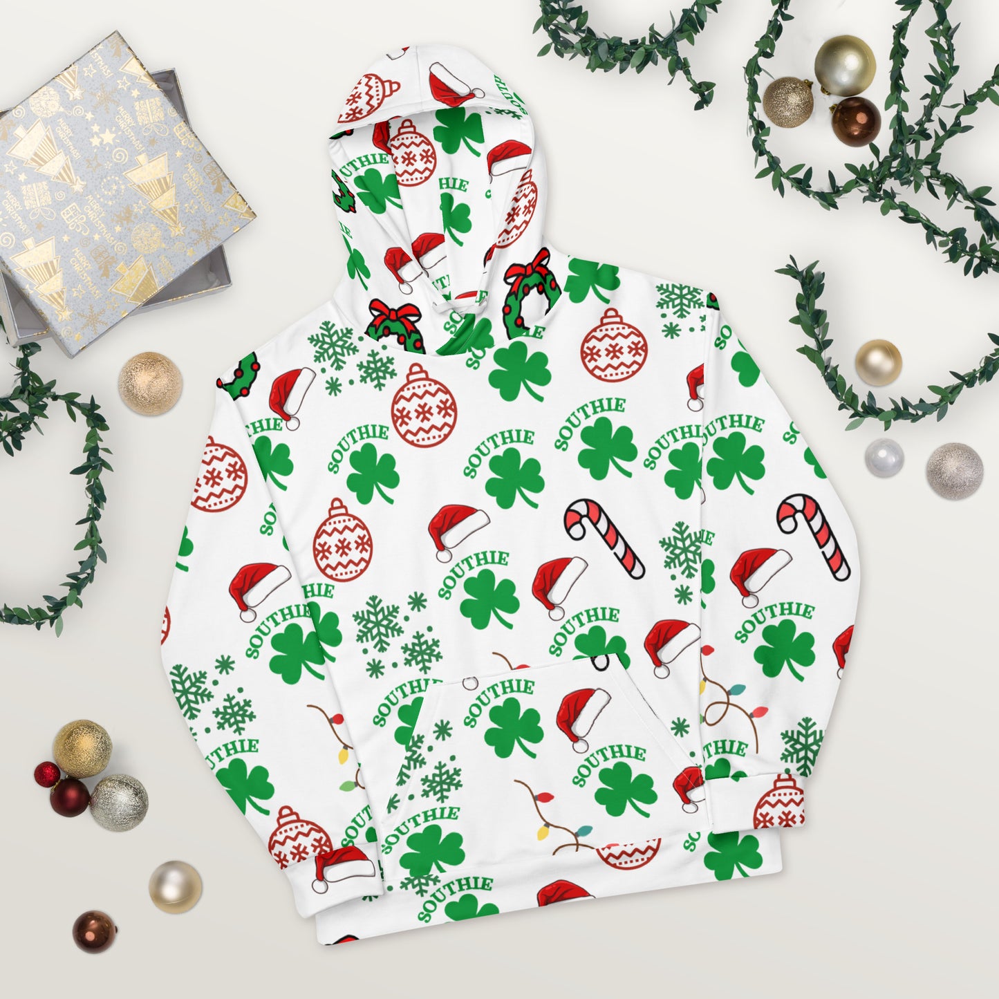 Southie Shamrock Holiday Hoodie – Print-All-Over Candy Canes, Lights & Wreaths Edition