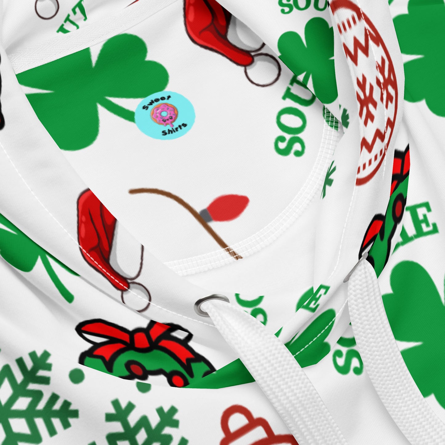 Southie Shamrock Holiday Hoodie – Print-All-Over Candy Canes, Lights & Wreaths Edition