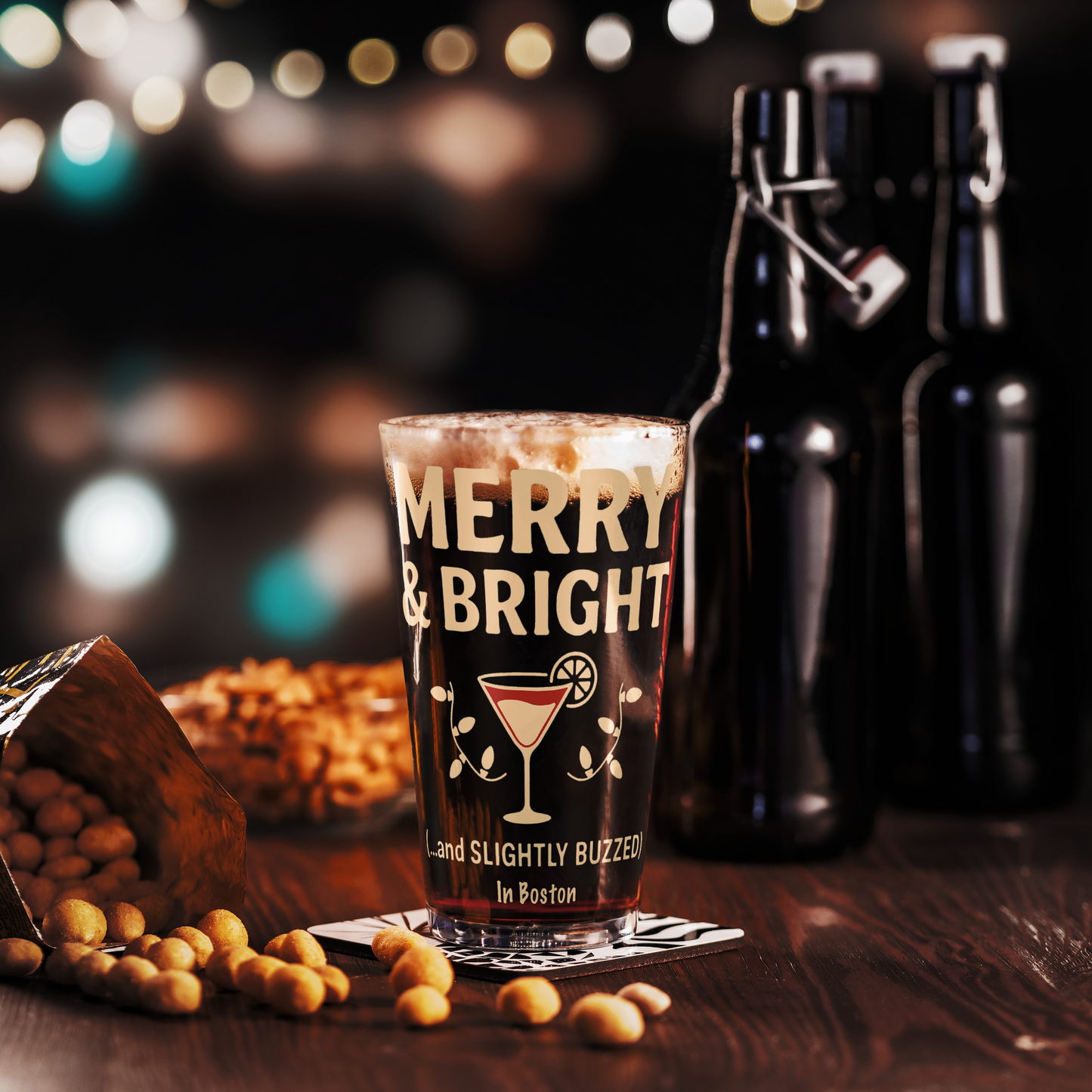 Merry & Bright (and Slightly Buzzed in Boston) Pint Glass π» Boston Holiday Collection