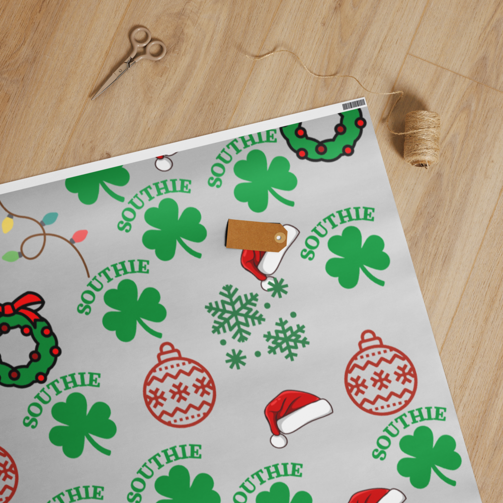 Southie Shamrock Holiday Wrapping Paper – Candy Canes, Lights & Wreaths